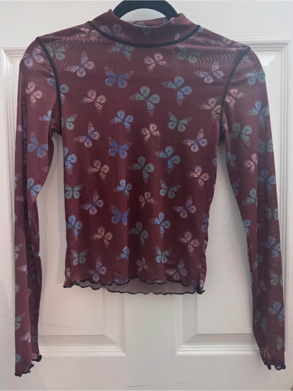 Forever 21 Burgundy Mesh Long-Sleeve Top with Iridescent Butterfly Print